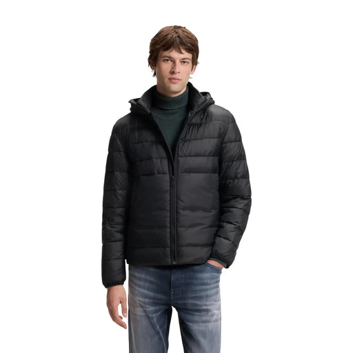 Boss puffer jacket ODENNI for men in black quilted design with hood and front zipper, front view