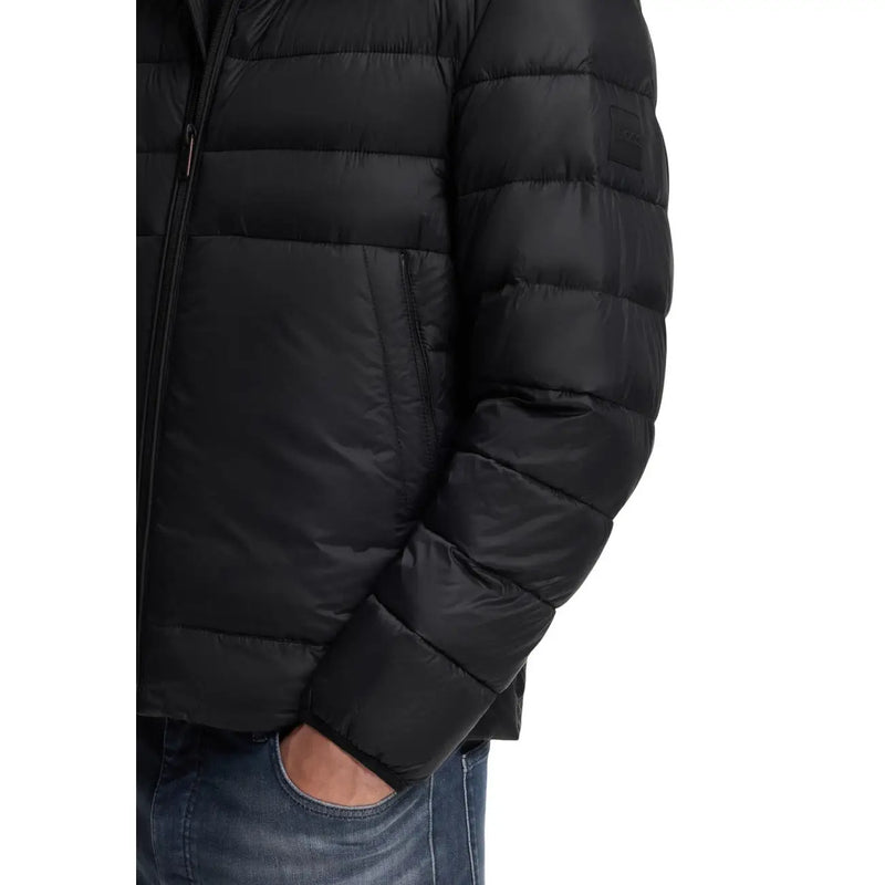 Boss puffer jacket Odenni for men in black with quilted texture and subtle sleeve branding, front view