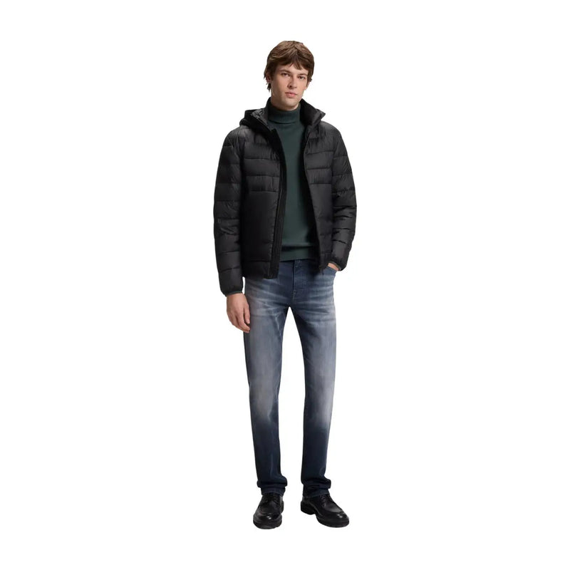 Boss puffer jacket Odenni for men in black quilted fabric with hood, front view