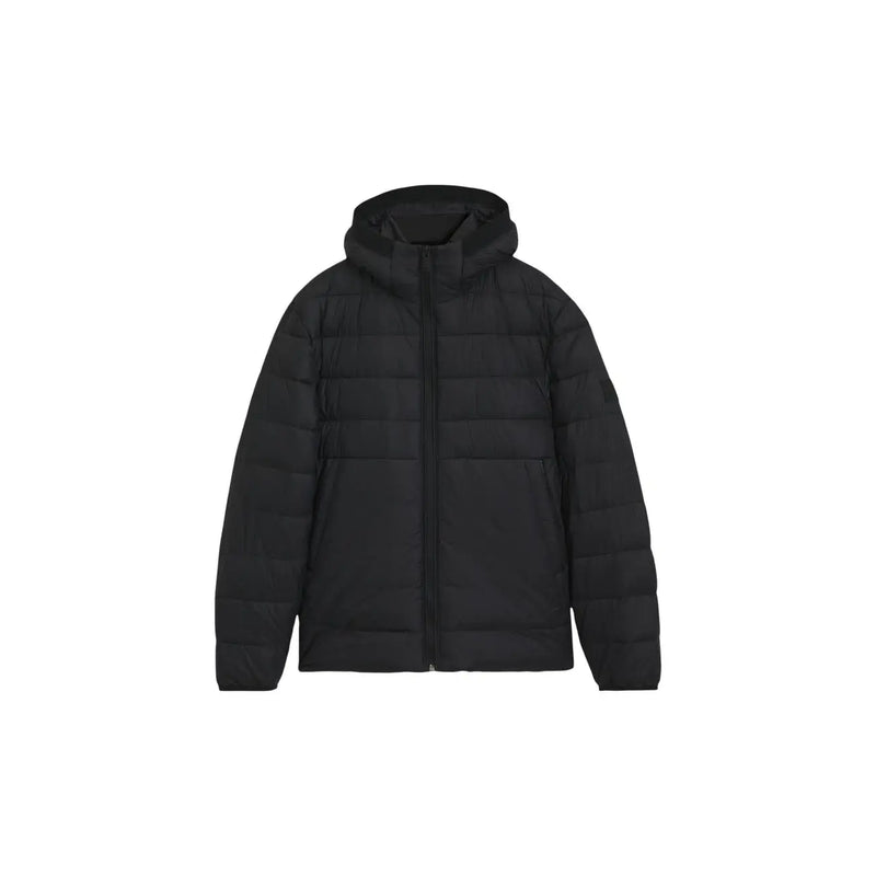 Boss puffer jacket Odenni for men in black with quilted hood and front pockets, front view
