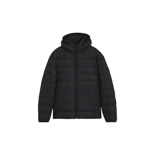 Boss puffer jacket Odenni for men in black with quilted hood and front pockets, front view