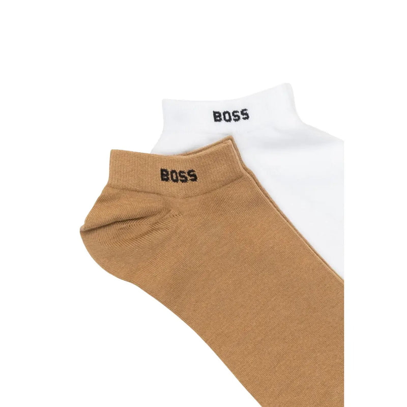 A pair of boss women ankle socks in beige and white cotton elastane with ribbed texture and black boss branding