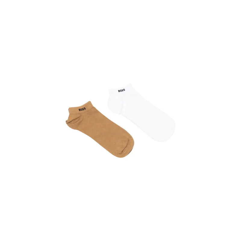 A pair of minimalist tan and white boss women underwear ankle socks in cotton elastane knitted shown from the back