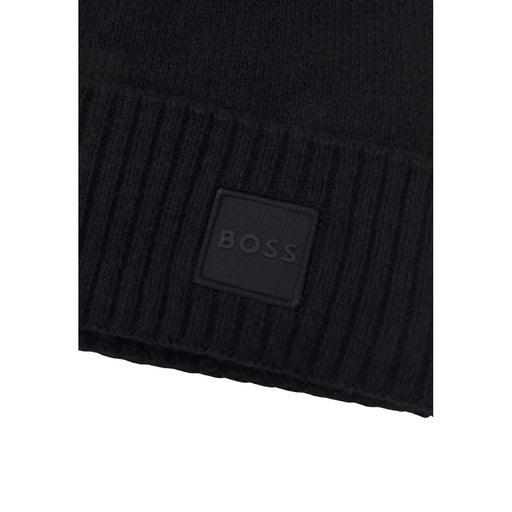 Boss wool cap akaio for men in black ribbed knit with square logo patch, front view