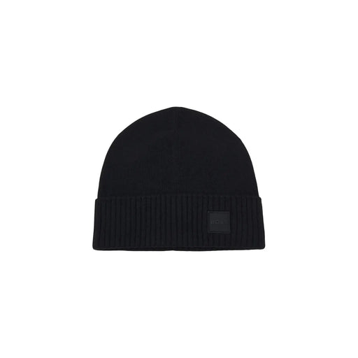 Boss wool cap Akaio for men in black ribbed knit with small square logo patch on cuff front view