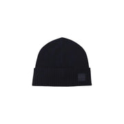 Casquette en laine Boss Akaio pour homme, en maille côtelée noire avec petit logo carré foncé sur le revers (vue de face).