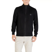 Boss wool turtleneck sweater for men in black with zip-up track jacket and square chest patch, front view