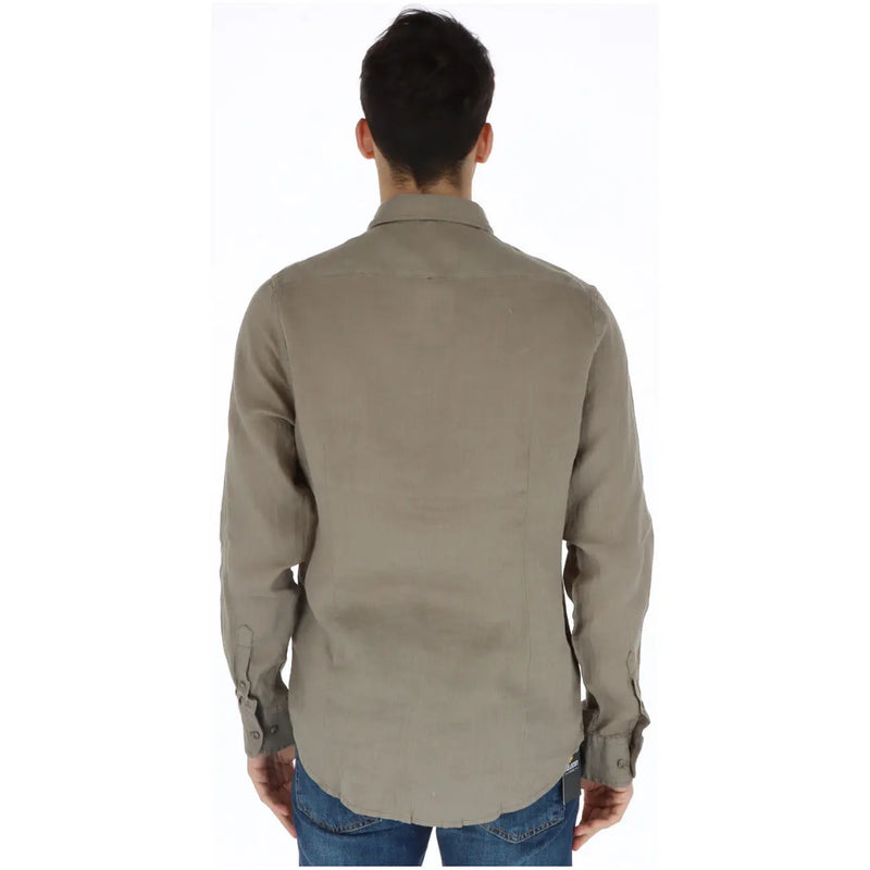 A men’s khaki long-sleeved button-up shirt with classic collar and cuffs by Brian Brome, made of green linen