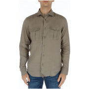Brian Brome men green linen long sleeve shirt with olive green color dark buttons and two chest pockets