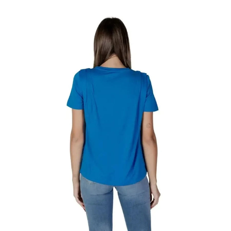 Back view of B.young Women’s Blue Plain Round Neck T-Shirt in bright blue