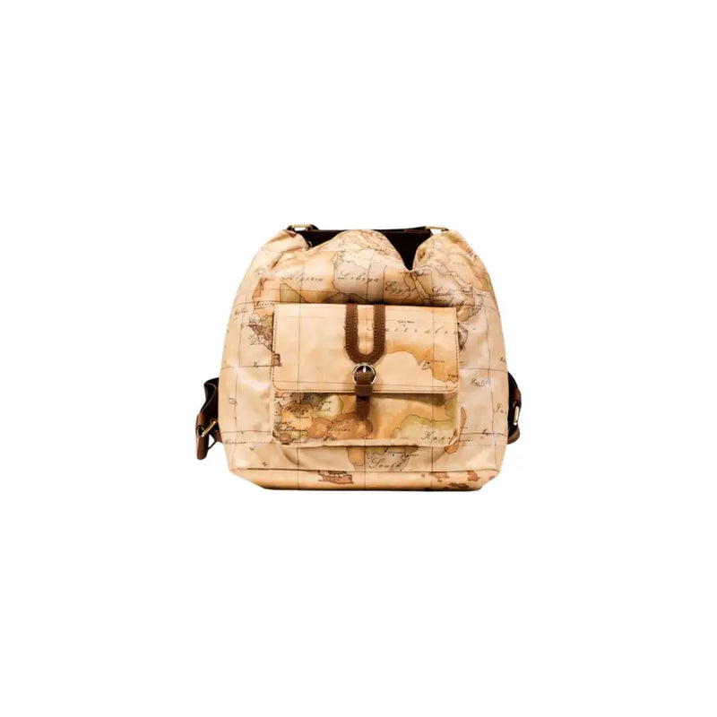 Beige drawstring backpack with map print and front flap pocket by Alviero Martini Prima Classe
