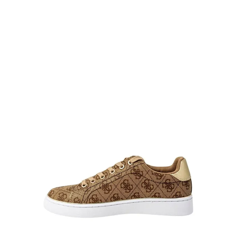 Brown Guess monogrammed sneakers with white soles and gold accents for women