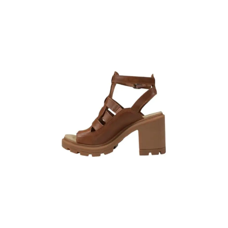 Brown leather block heel sandal displayed in the Brown Leather Heeled Sandal product image