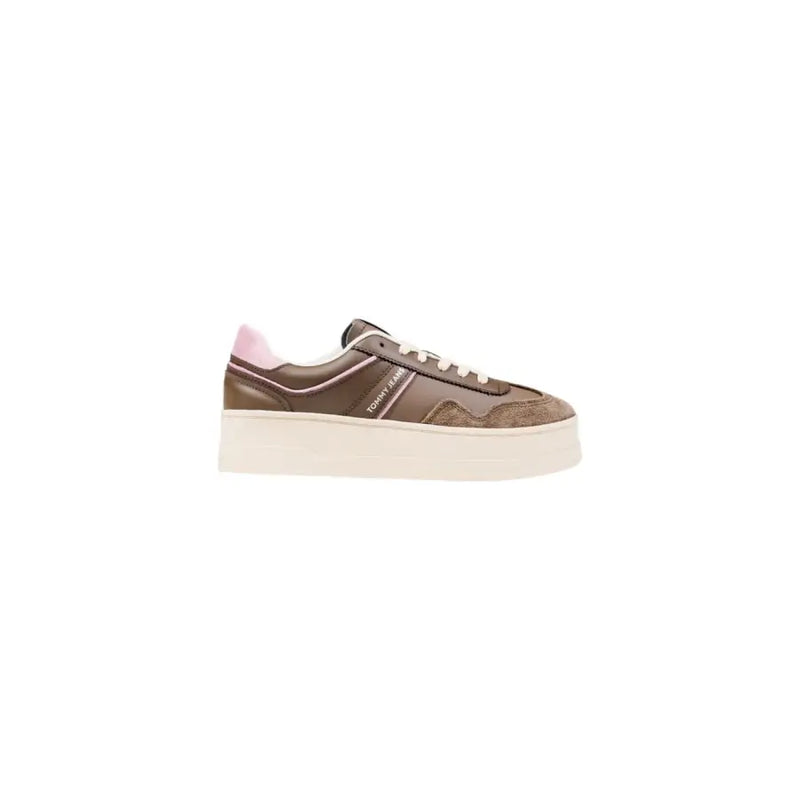 Brown and pink women’s platform sneakers from Tommy Hilfiger Jeans with faux leather finish