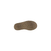 Back view of a brown platform ugg boot featuring a tan rubber sole with geometric tread and ugg logo embossed near heel