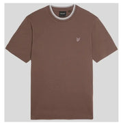 Minimalist brown cotton short sleeve t shirt with subtle embroidered logo and white striped collar trim