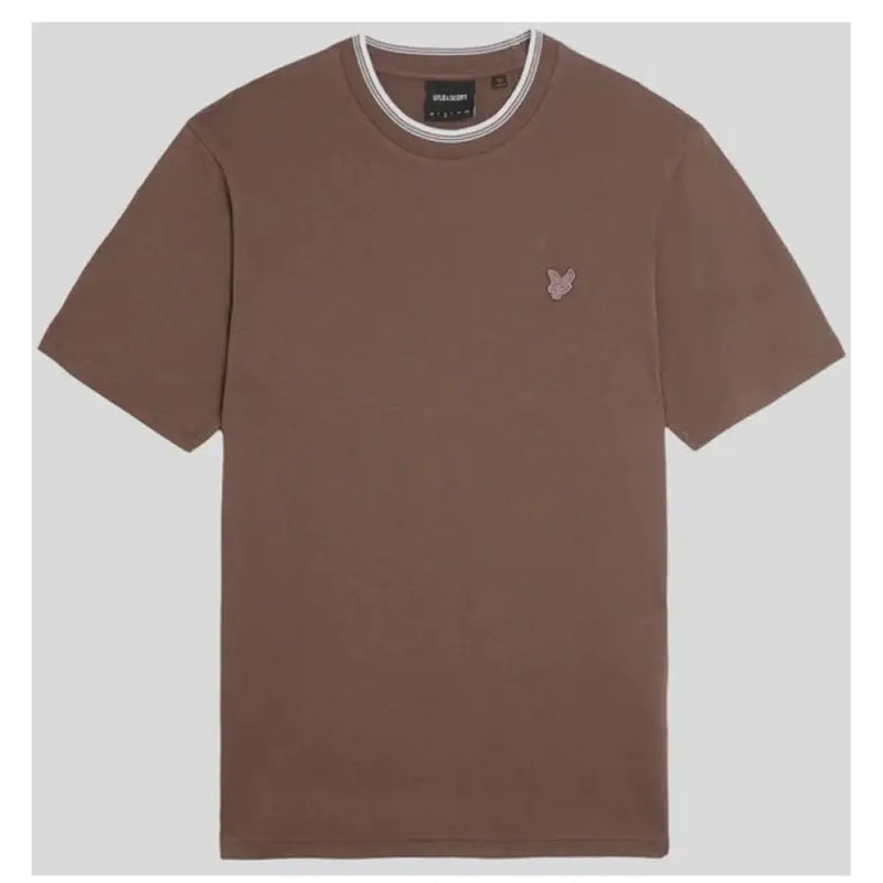Brown short sleeve T shirt with white striped banded collar displayed for sale