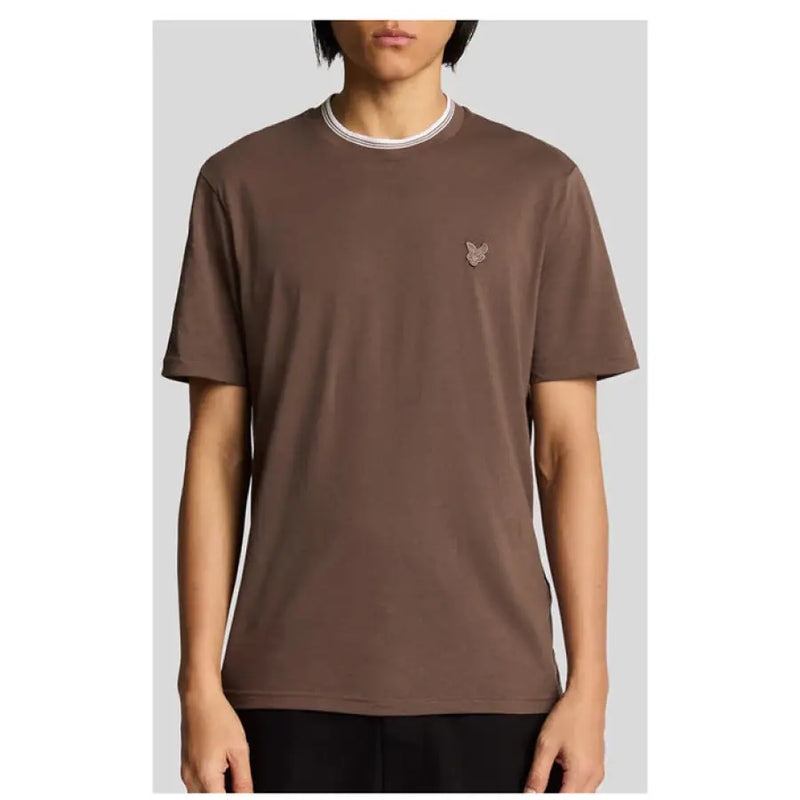 Brown short sleeve T-shirt with white striped collar displayed in product image