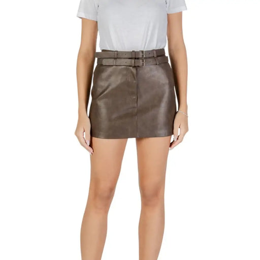 Olive green faux leather mini skirt with two buckled waistbands for women in fall winter fashion