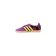 Adidas Women Purple Faux Leather Slip On Sneakers with Burgundy, Purple, Neon Yellow Stripes and Gum Sole