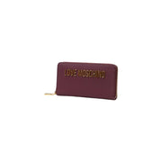 Burgundy wallet with gold lettering and zipper, stylish accessory for organization