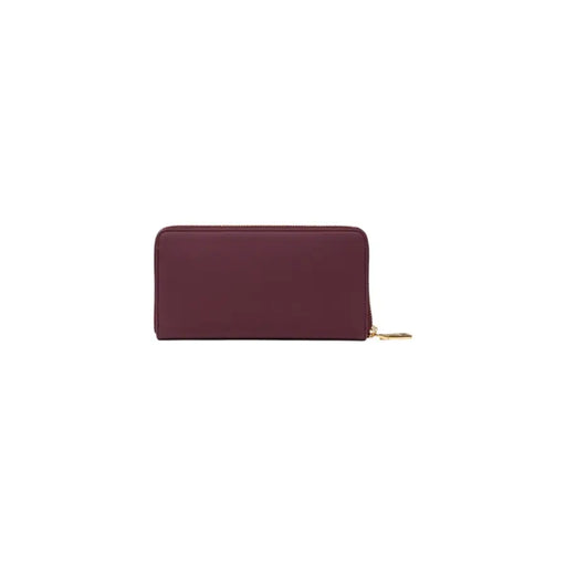 Burgundy zippered wallet with gold lettering for secure storage and elegant style