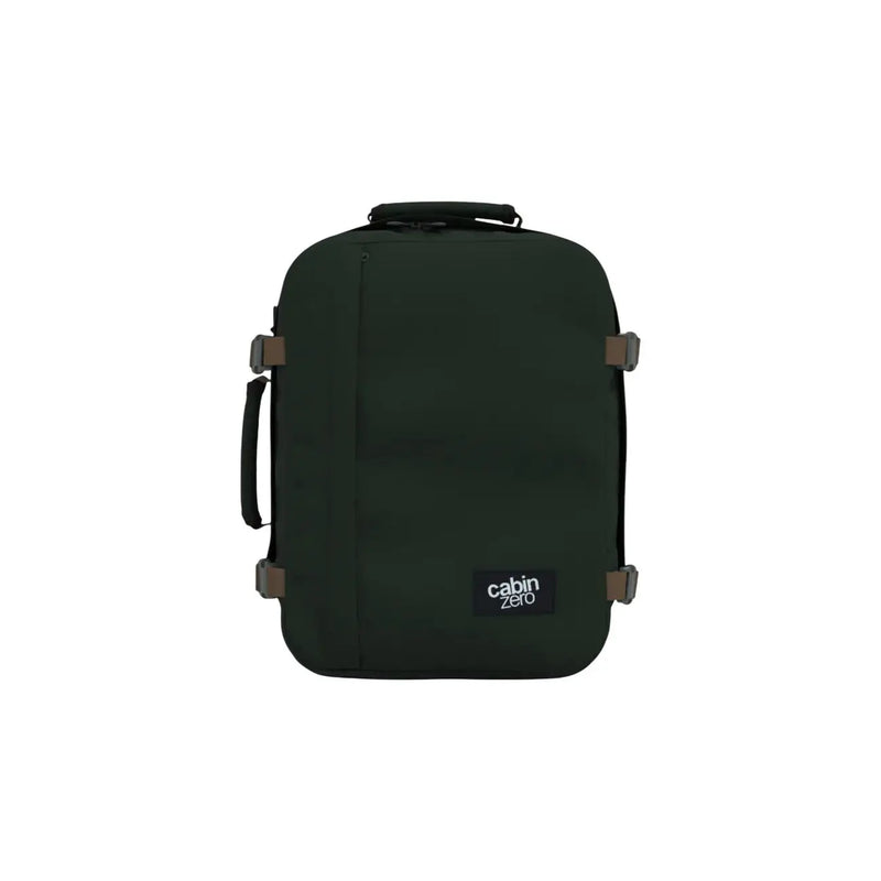 Dark green Cabin Zero men classic 28L rucksack with black handle and brown buckle accents in polyester