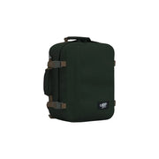 Dark green Cabin Zero carry-on suitcase with brown straps and top handle made of polyester 28L rucksack