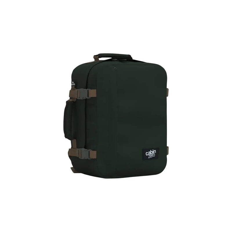 Dark green Cabin Zero carry-on suitcase with brown straps and top handle made of polyester 28L rucksack