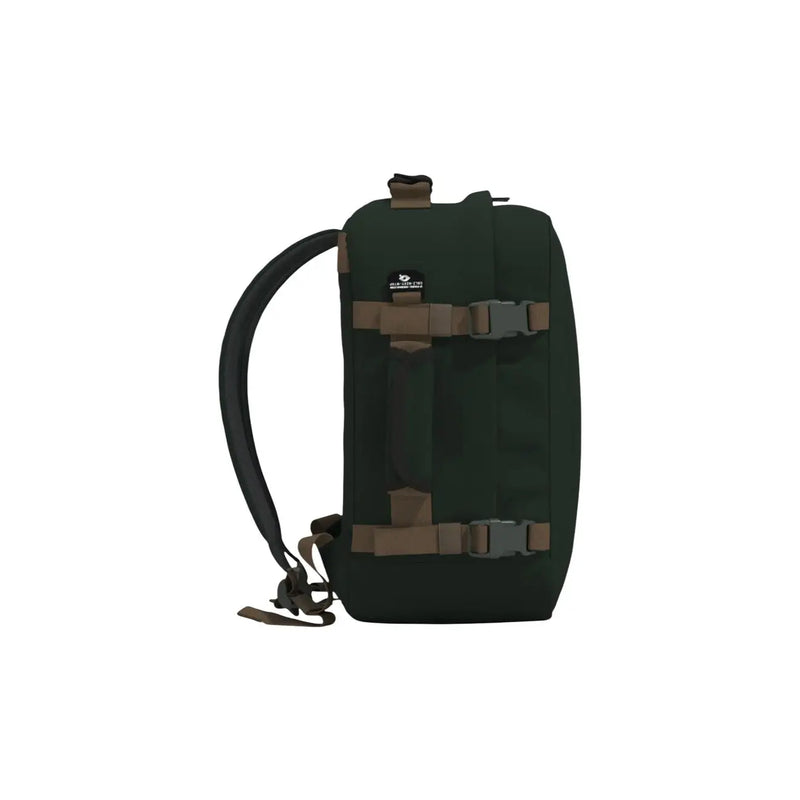 Cabin zero men classic 28l rucksack green polyester 28l with dark green durable body tan straps and black shoulder strap
