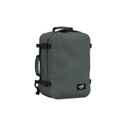 Gray cabin zero carry-on suitcase with black straps and handle made of durable polyester for versatile travel use
