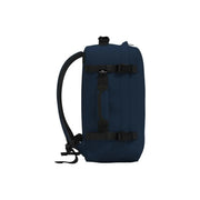 Deep navy blue travel duffel bag with black straps and buckles made of polyester for cabin zero men classic rucksack 36l