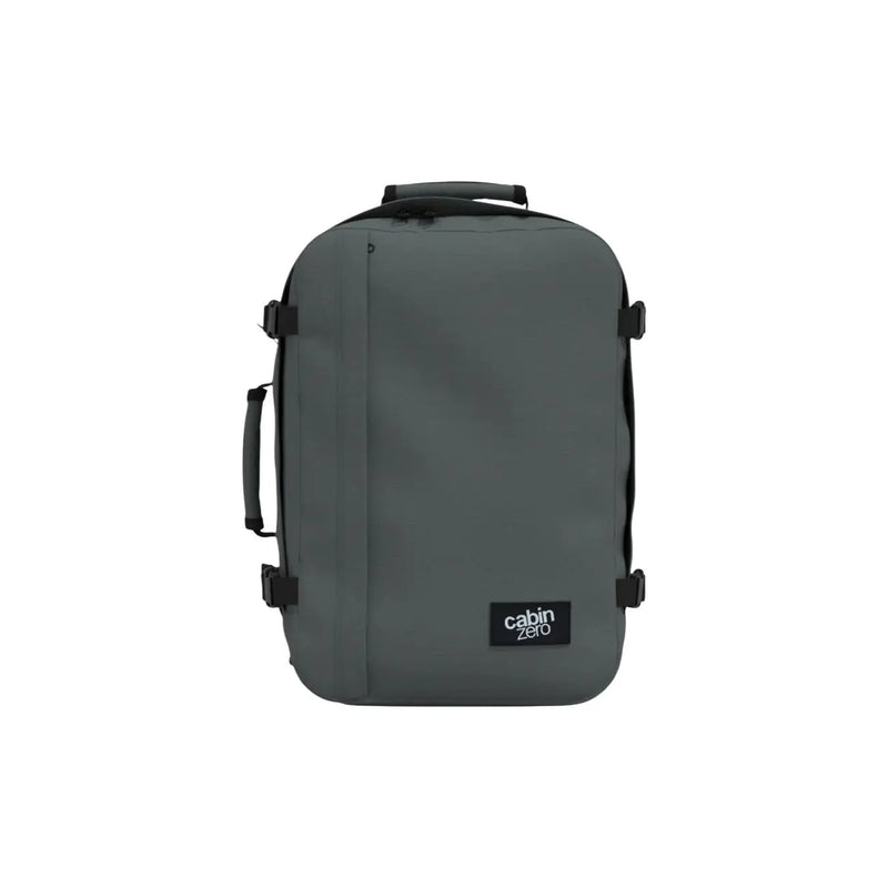 Dark gray cabin zero carry-on suitcase with black handles and straps shown from the back side in polyester material