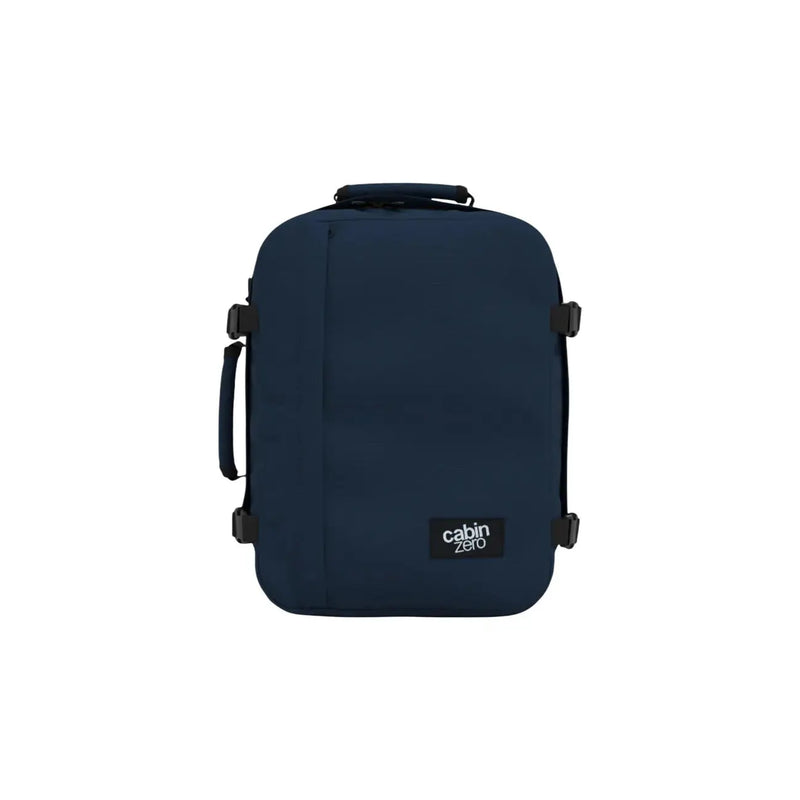 CabinZero Handgepäckkoffer Classic für Herren in Marineblau mit schwarzen Gurten und Griff, Vorderansicht
