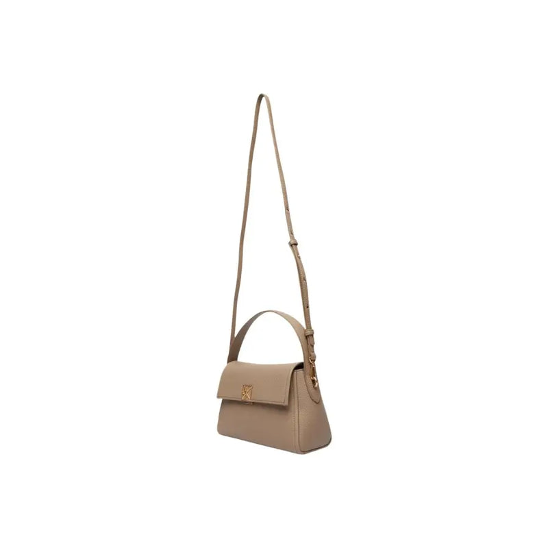 Calvin Klein beige leather crossbody bag with gold-tone hardware, top handle, and shoulder strap for versatile use
