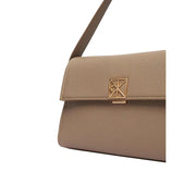 Calvin Klein beige handbag made of textured leather with a shoulder strap and gold-tone ck logo clasp
