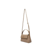 Calvin Klein beige leather crossbody bag with gold-tone hardware, top handle, and shoulder strap for versatile use