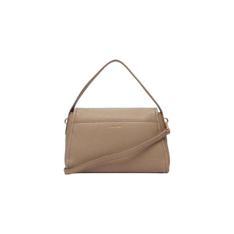 Calvin Klein beige pebbled leather crossbody bag with top handle and gold tone hardware with shoulder strap