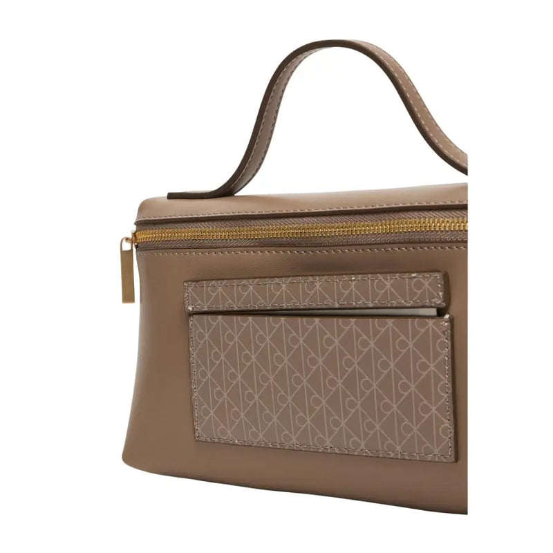 Calvin Klein beige polyurethane handbag with gold zipper and subtle geometric pattern on front pocket