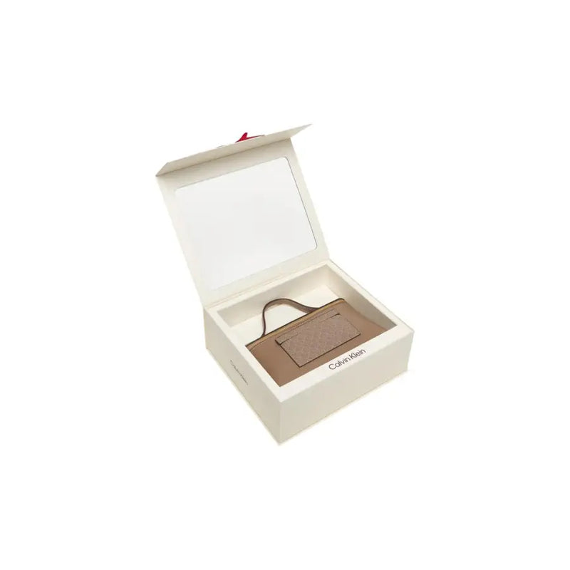 Calvin Klein beige polyurethane leather mini handbag with zip presented in a white gift box