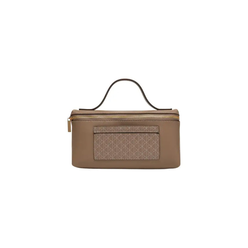 Calvin Klein beige polyurethane handbag clutch with gold-tone zipper and subtle geometric pattern on front pocket