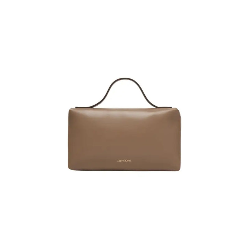 Calvin Klein beige polyurethane handbag with sleek taupe leather and minimalist design featuring black top handle