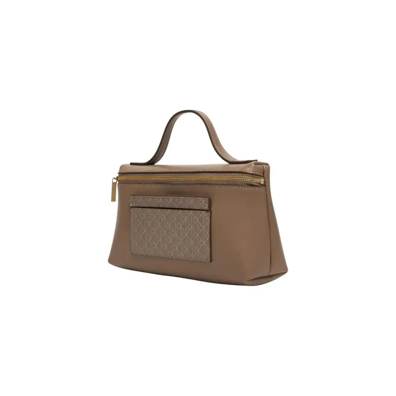 Calvin Klein beige polyurethane handbag clutch with tan leather, gold-tone zipper, and textured front patch