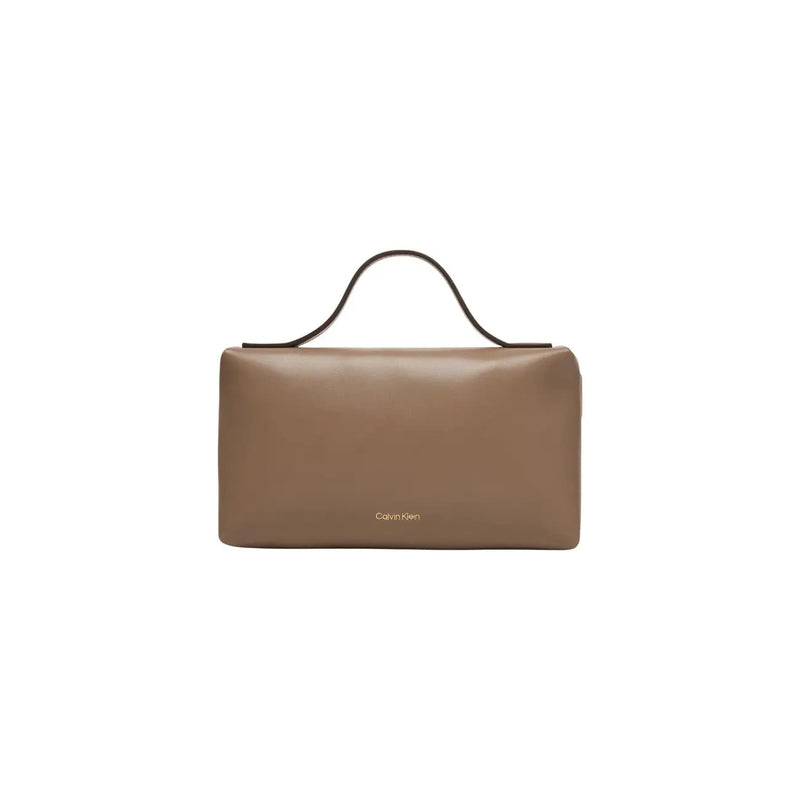 Calvin Klein beige polyurethane handbag with sleek taupe leather and minimalist design featuring black top handle