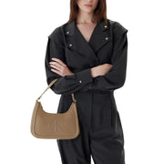 Tan leather Calvin Klein hobo bag with embossed logo and zip closure in beige polyurethane material