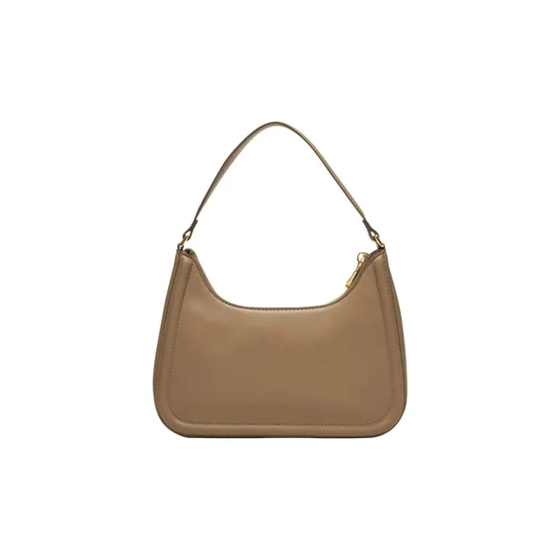 Beige polyurethane calvin klein handbag with zip closure featuring a curved top handle and gold-tone zipper