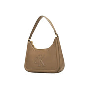 Calvin Klein beige polyurethane handbag with zip closure featuring gold-tone ck logo and zipper detail