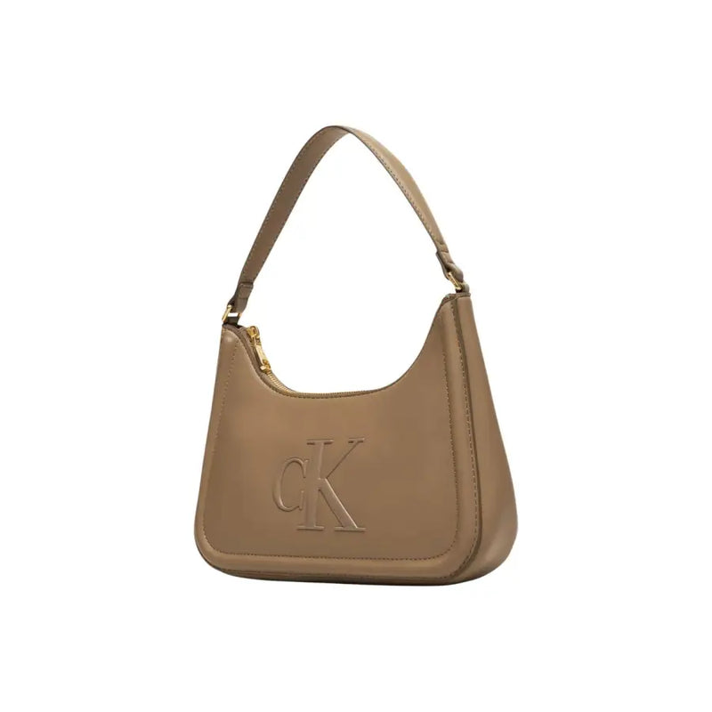 Calvin Klein beige polyurethane handbag with zip closure featuring gold-tone ck logo and zipper detail