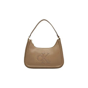 Beige polyurethane handbag by Calvin Klein with zip closure and prominent ck logo embossed on the front