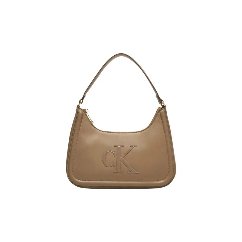 Beige polyurethane handbag by Calvin Klein with zip closure and prominent ck logo embossed on the front